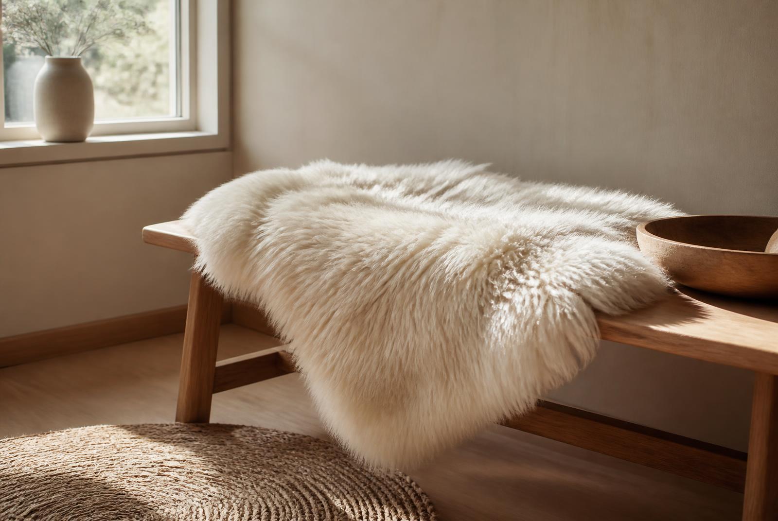Lammskinn i naturvit ull draperat över en träbänk